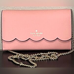 Kate Spade Gemma Scalloped Leather Wallet Clutch with Chain in Pink NWOT